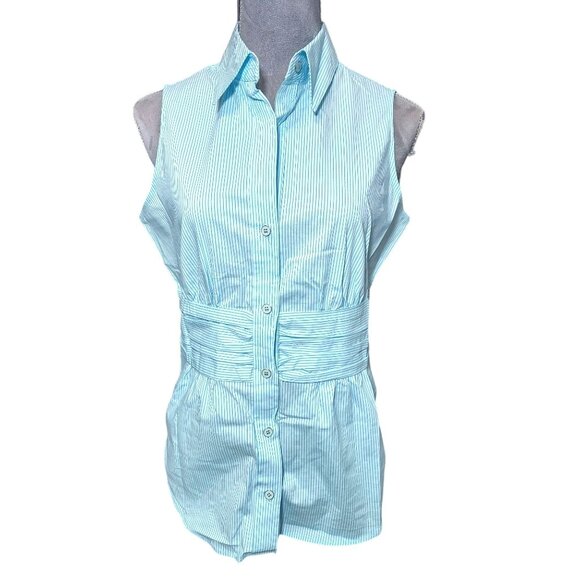 New York & Co Stretch Top Sleeveless Teal Striped Enamel Button Blouse Medium - Picture 1 of 7